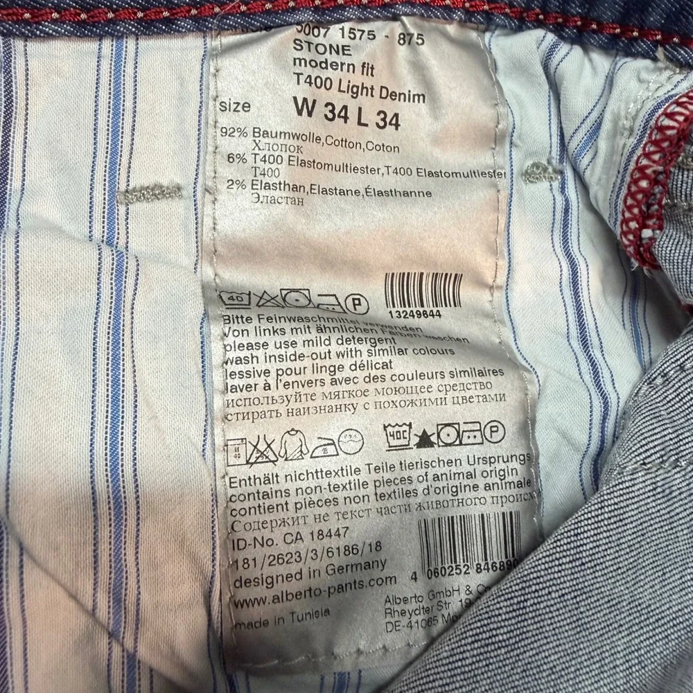 Alberto Stone Modern Fit Luxury T400 Light Denim Jeans Mens 34x34(31) Straight